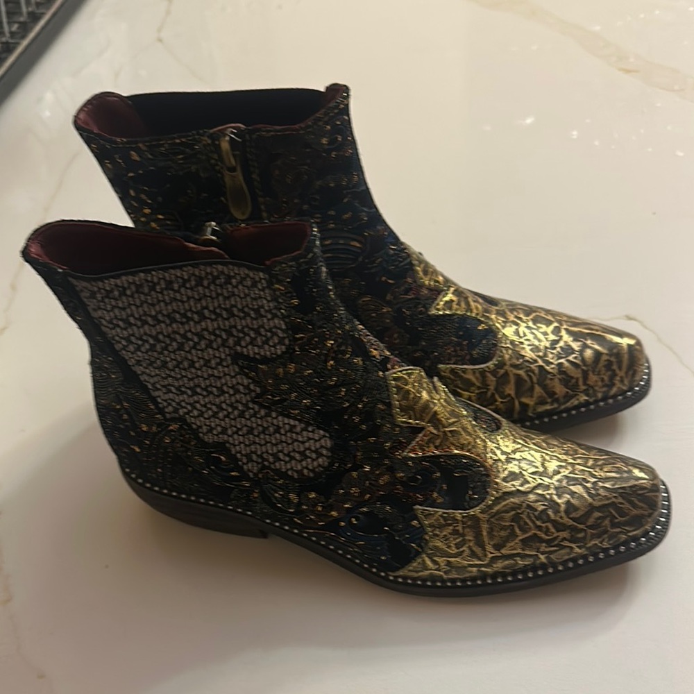 Gold and Black Textured Ankle Booties with Side Zipper